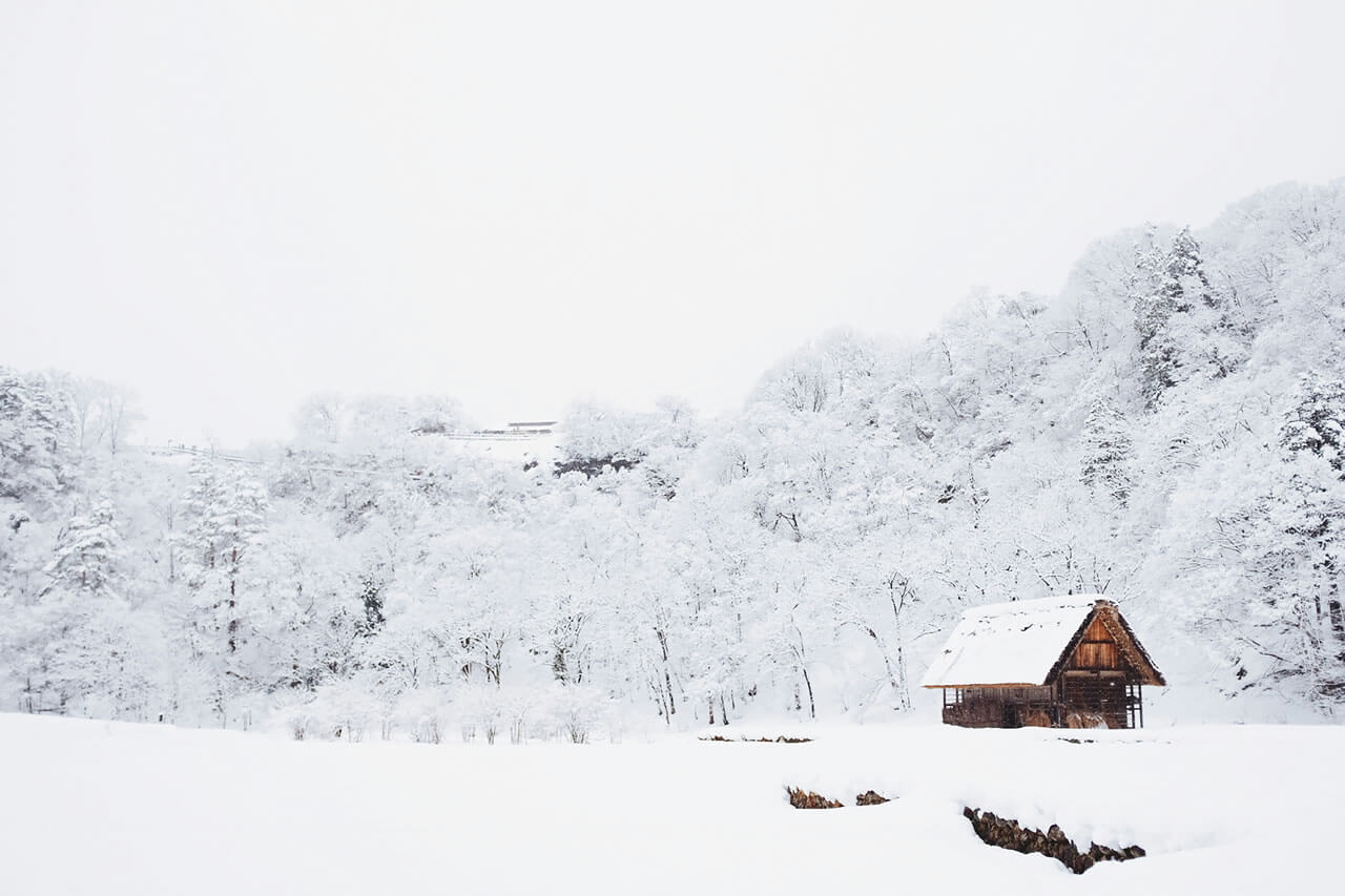 合掌村静谧雪景,传统木屋藏于皑皑白雪中